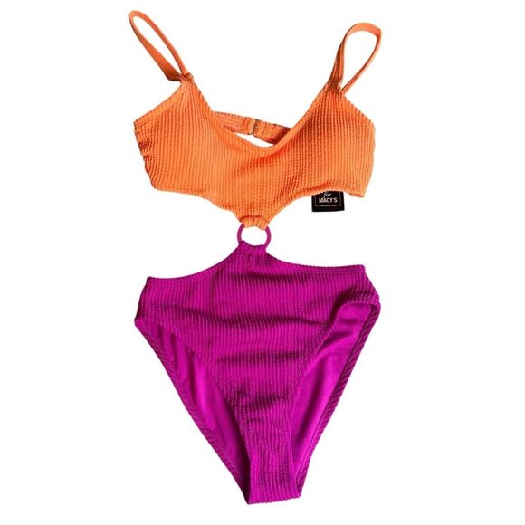 Salt + Cove Juniors' Colorblocked One-Piece Monokini, Peach Fuchsia - Picture 2 of 7